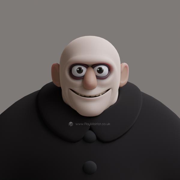 A cartoon 3D version of Fester Addams staring directly into the camera, modelled in Blender 3D and rendered in Cycles. Only his head and shoulders are visible. He has a bald head, wide, grinning mouth, big eyes with dark rings around them, and is wearing a dark brown smock with buttons up the front.